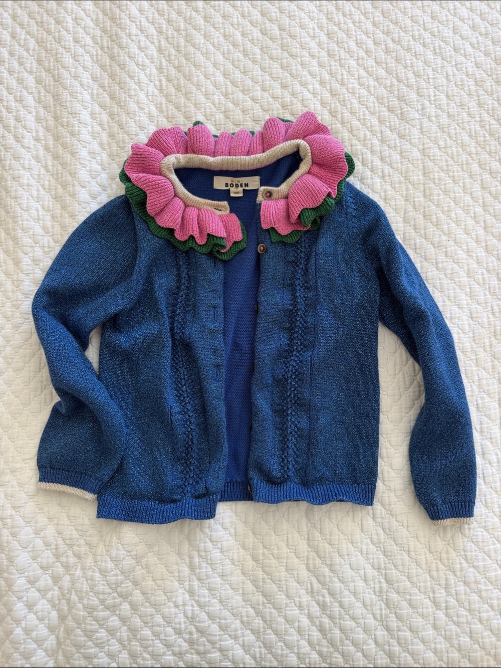 Mini Boden Blue Cardigan with Pink Ruffle and Green Trim